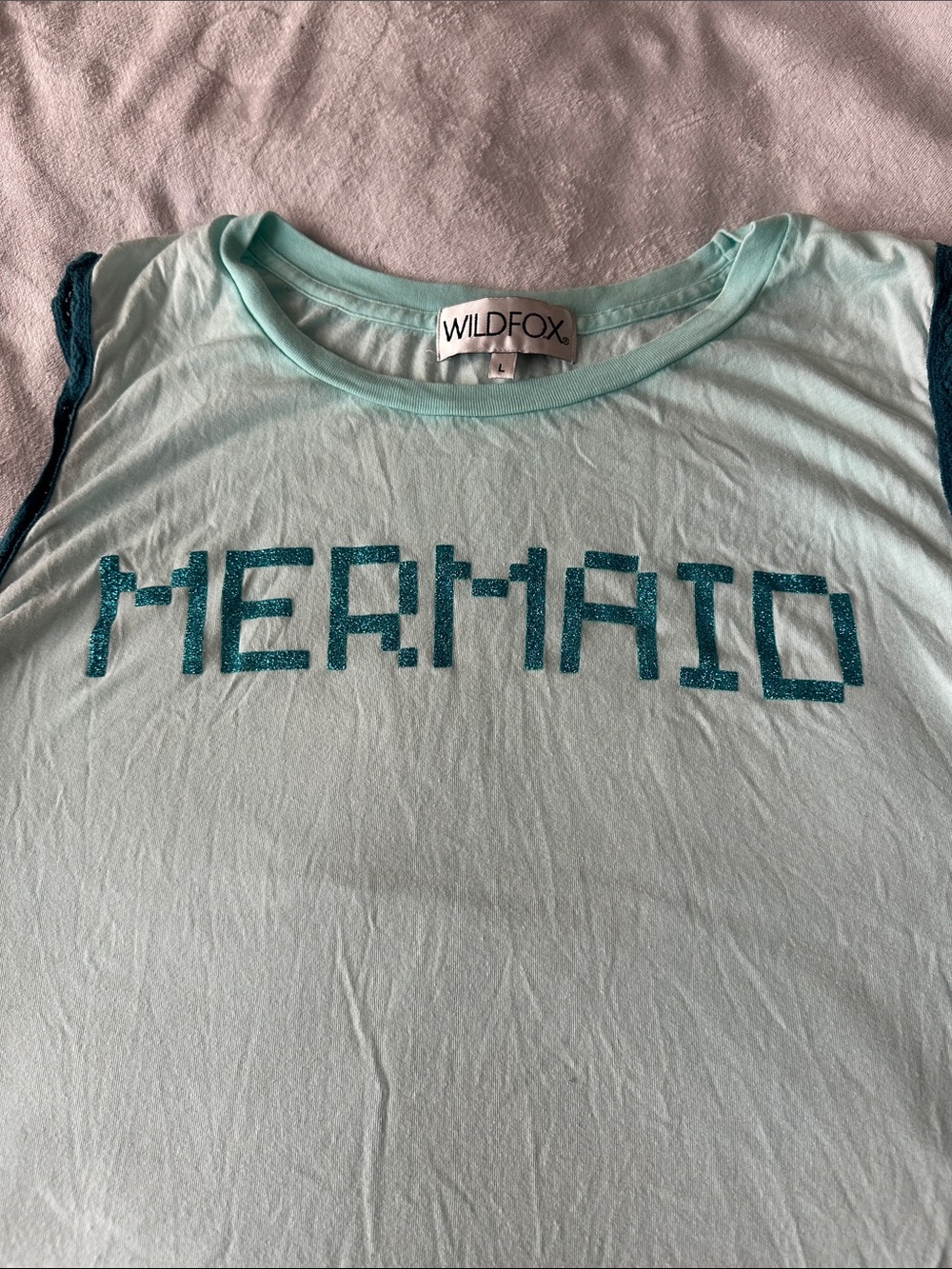 Wildfox Mint Tank Top with Teal Glitter 'MERMAID' Graphic